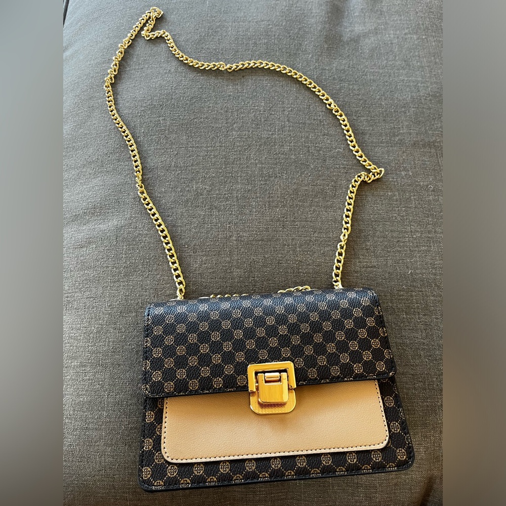 Black and Tan patterned bag with Gold chain